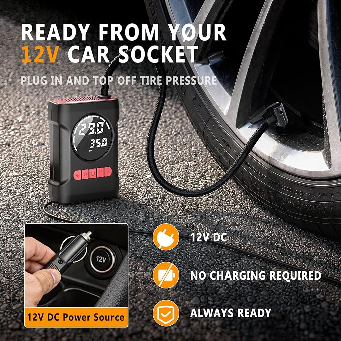 R6 12V DC Tire Inflator Portable Air Compressor, Car Air Pump with Dual Digital Display, Preset Pressure, Auto Shut-Off, 3 Light Modes, Plug-In Tire Pump for Cars, Motorcycles, Bikes, Balls