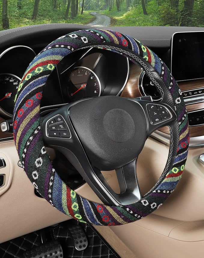 Boho Steering Wheel Cover with Baja Blanket Cloth, Ethnic Style Auto Wheel Cover Made of Coarse Flax, Fits 14 1/2-15 1/4 inches Car Wheel