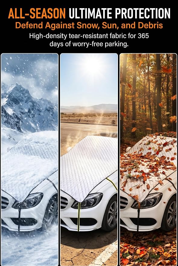 Half Car Cover, Windshield Cover for Ice and Snow, Hail Protector Car Covers, Aluminum Foil Heat Block Sunshade Hood Covers, Universal for Most Cars, SUVs, Trucks (Silver)