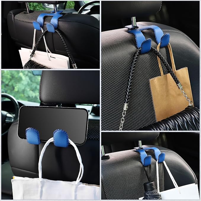 Upgraded Superior Leather Car Seat Back Headrest Hook, 2 in 1 Auto Seat Hook Hangers Holder Organization Interior Accessories for Purses Coats Umbrellas Grocery Bags Handbag (Blue)