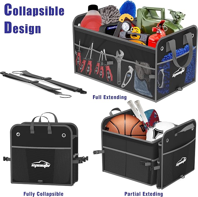 Car Trunk Organizer with Lid & Adjustable Multi Compartment for SUV | with Side Pockets and Securing Straps, Foldable