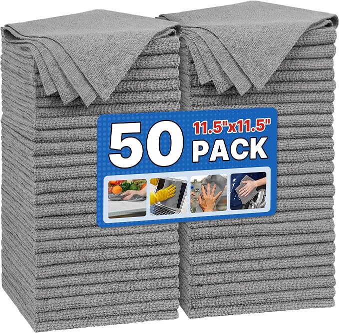 Shop Towels, Pack of 50, Grey Microfiber Cleaning Cloth Bulk, Microfiber Towels for Cars, All-Purpose Absorbent Cleaning Rags, Dust Cloth for Automotive, Mechanic, Garage, 11.5 x 11.5 inch
