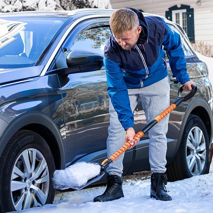Extendable Snow Squeegee,Ice Scraper and Shovel 42" Lenght- Rotating Head, 3-1 Adjustable Frost Remover,Shoveling Tool with Ergonomic Handle Heavy Duty