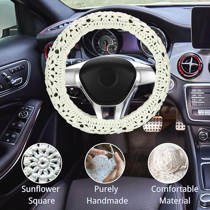 Crochet Steering Wheel Cover Set,Cute Car Steering Wheel Cover Boho 14-15in,Sunflower Granny Square Pattern,Women Car Accessories,Crochet Shift knobs Cover (Steering Cover + Shift Knob Cover)