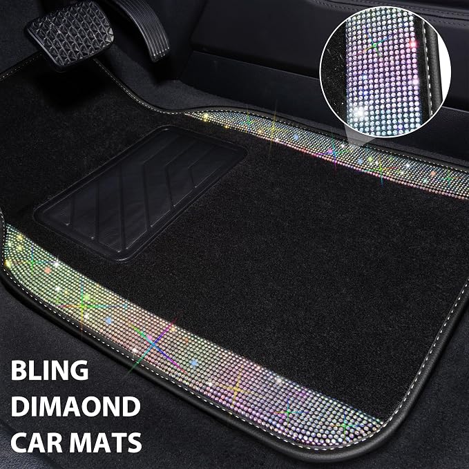 Iridescent Bling Rhinestones Diamond Car Floor Mats Waterproof, Anti-Slip PVC Heel Pad, Universal for Automotive SUV,Sedan,Van,4pcs Girl Women Lady Sparkly Shining Multicolor Colorful Crystal