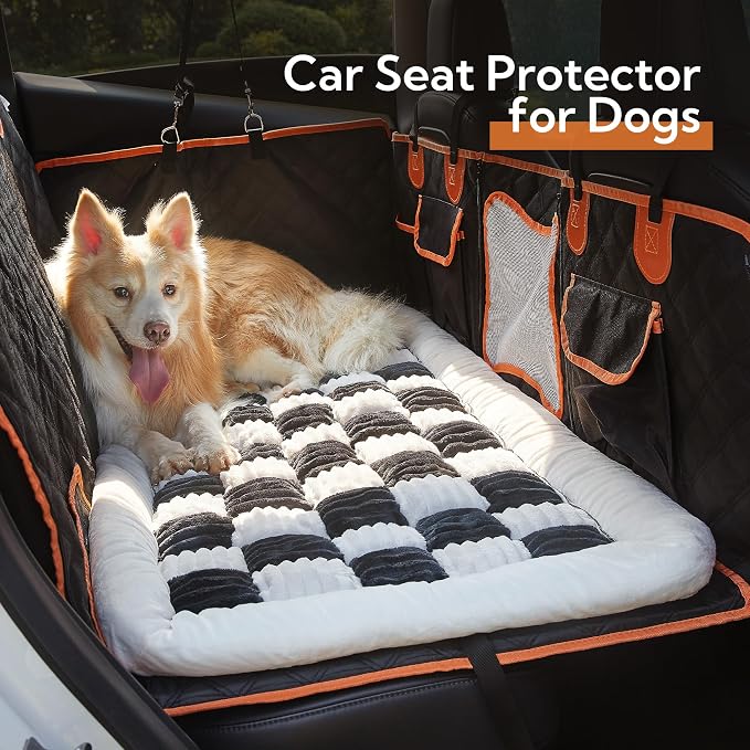 Backseat Pet Bed Mat,Dog Bed for Car,Fuzzy Dog Seat Cover for Car Back Seat, Non-Slip Travel Pet Mat, Fit for Backseat Extenders and Seat Covers (White and Black)
