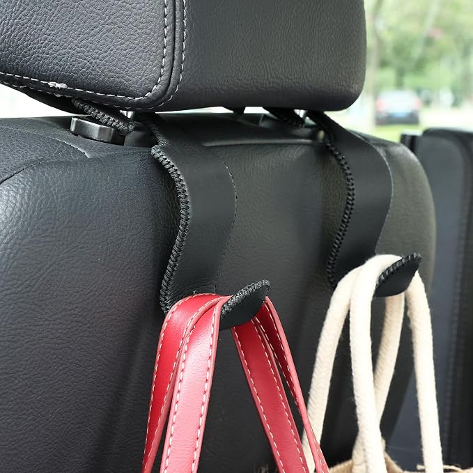 Car Seat Headrest Hook 4 Pack Metal Core Hanger Universal Car Storage Organizer for Handbag Purse Coat S Type Leather Black