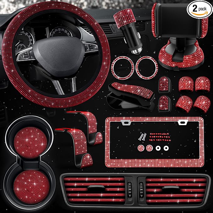 Red Bling Car Accessories Set, 27 Pieces Car Interior Set Including Steering Wheel Cover, Diamond License Plate Frame, Phone Holder, Coasters, Hooks, Great Gift for Women Drivers