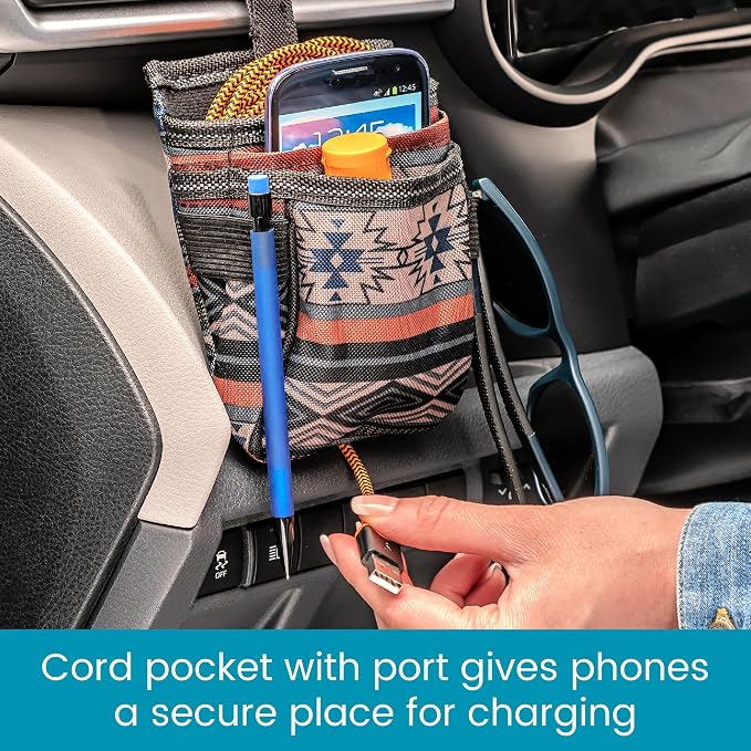 DriverPockets Car Phone Holder Air Vent Pouch and Front Seat Organizer with 3 Pockets, Hanging Hooks and Charging Port (Southwest)
