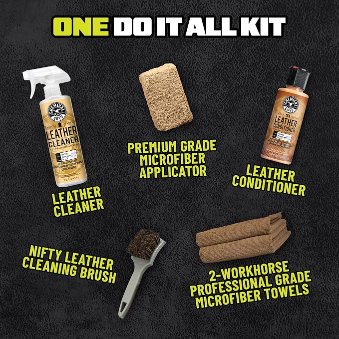 Leather Care Kit, Cleaner and Conditioner for Car Seats | Complete 6-piece leather cleaning and conditioning kit for car seats, furniture, shoes and bags; genuine or vegan leather