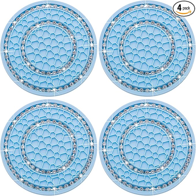 4PCS Bling Crystal Rhinestone Cup Holder Coaster, 2.75 inch Soft Silicone Anti-Slip Shockproof, Car Cup Holder Insert Coasters, Universal Car Interior Accessories for Women (Light Blue & White)