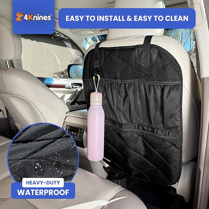 Car Seat Back Organizer – Heavy-Duty Kick Mat w/Mesh Storage Pockets, Bottle Hook – UV-Resistant Hardware – Waterproof Backseat Organizer for Kids & Pets – Fits SUVs, Trucks, Cars – Black
