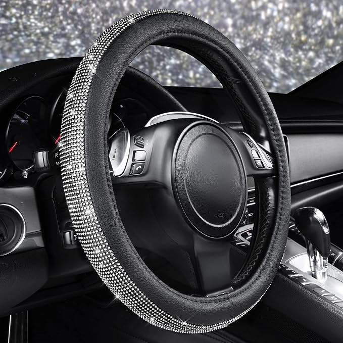 Diamond Black Leather Steering Wheel Cover, with Bling Crystal Rhinestones Universal Fit 14" 1/2-15" Crystal Glitter for Women Sparkle Girl Fit Suvs,Vans,Sedans,Cars,Trucks, White Diamond