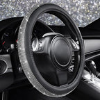 Diamond Black Leather Steering Wheel Cover, with Bling Crystal Rhinestones Universal Fit 14" 1/2-15" Crystal Glitter for Women Sparkle Girl Fit Suvs,Vans,Sedans,Cars,Trucks, White Diamond