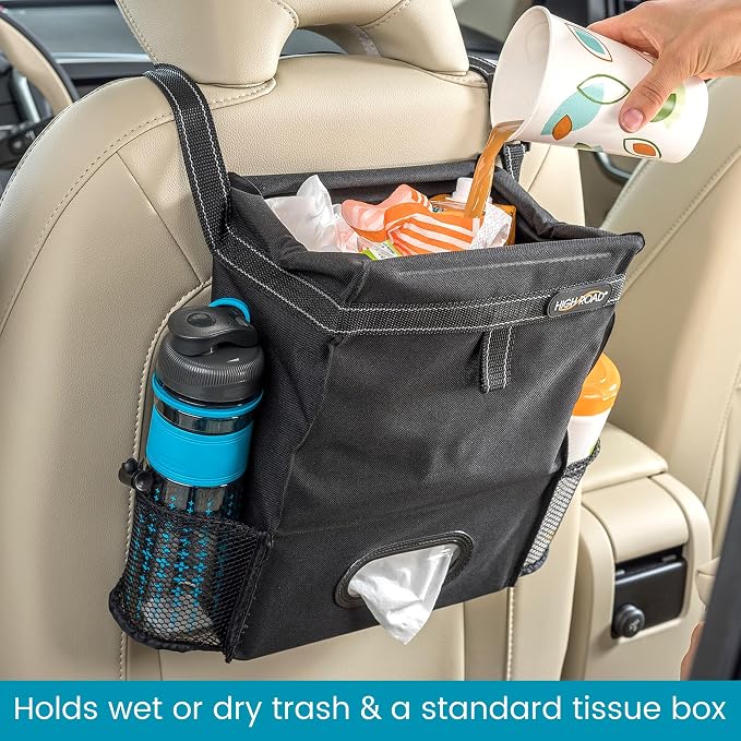 Car Organizer with Car Trash Bag and Tissue Holder - Holds Full Size Tissue Box, Bottles and Wipe Containers - 2 Gal Leakproof Covered Car Trash Can with Push-Close Lid