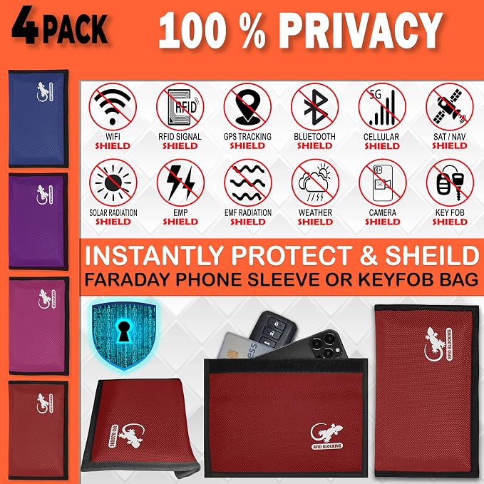 Faraday Bag for Phones & Key Fobs – RFID Shielding Privacy Pouch for Electronic Device Storage, Faraday Sleeve Variety Color Bundle (4 PACK - RAINBOW)