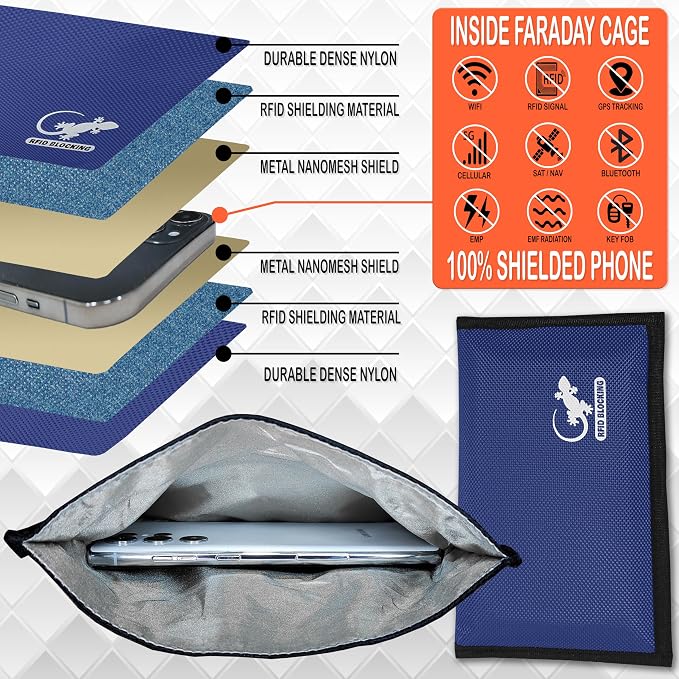 Blue Nylon Faraday Bag - Signal Blocker for Cell Phone, Car Key FOB, Data Privacy (BLUE - NYLON)