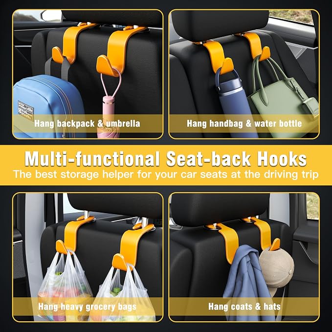 Car Seat Headrest Hook 4 Pack Hanger Universal Vehicle Car Storage Organizer for Handbag Purse Coat S Type Yellow