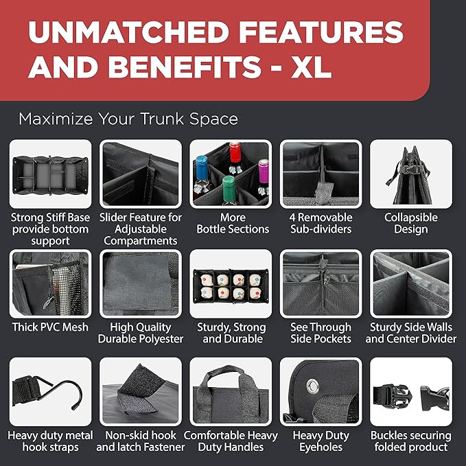 XL Heavy-Duty Trunk Organizer – Reinforced SUV & Truck Cargo Storage with 6 Adjustable Compartments, Non-Slip Base & Securing Straps (Foldable Design, Black)