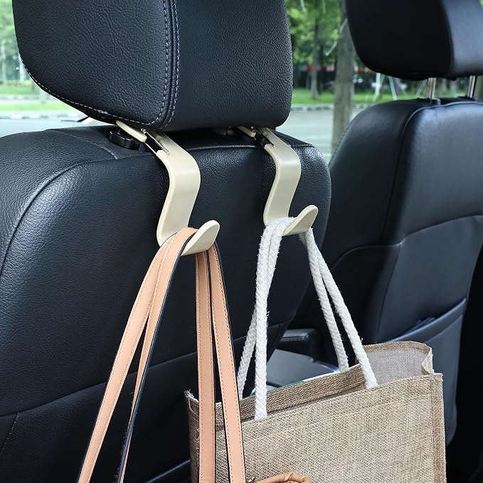 4-Pack 360° Rotating Car Headrest Hooks Vehicle Storage Organizer for Purses Handbags Groceries Coats – Holds 55lbs Simple Design with Clip Beige