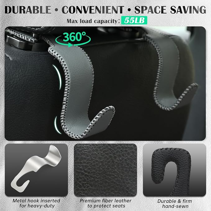 Car Seat Headrest Hook Universal Vehicle Storage Hanger Leather with Metal Car Seat Back Organizer for Handbag Purse Coat Grey 4 Pack