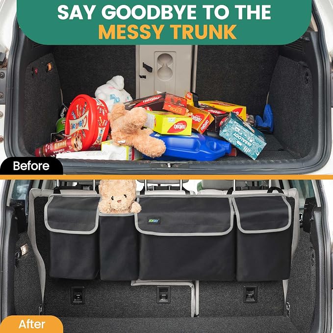 Hanging Trunk Organizer for SUV – Backseat Car Storage Bag, Large Collapsible Backseat Trunk Organizer with Adjustable Straps, Space Saving Car Organization Accessories for Truck MPV Van