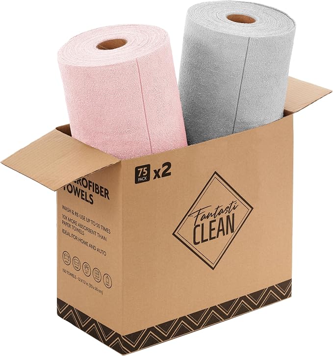 Microfiber Cleaning Cloth Rolls-150 Sheets,12"x12"(Pink,Grey) | Super Absorbent, Lint-free, Tear-away Microfiber Towel Roll, for All-Purpose Cleaning