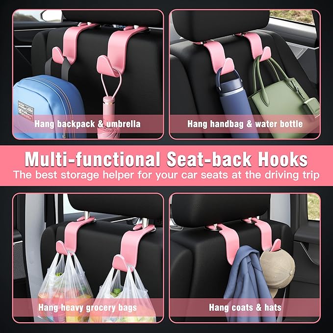 Universal Car Headrest Hooks, Car Organizer Hanger Storage Hooks for Bag Purse Cloth Grocery (Pink Set of 4)