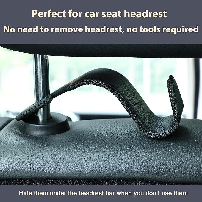 Car Seat Headrest Hook 4 Pack Metal Core Hanger Universal Car Storage Organizer for Handbag Purse Coat S Type Leather Black