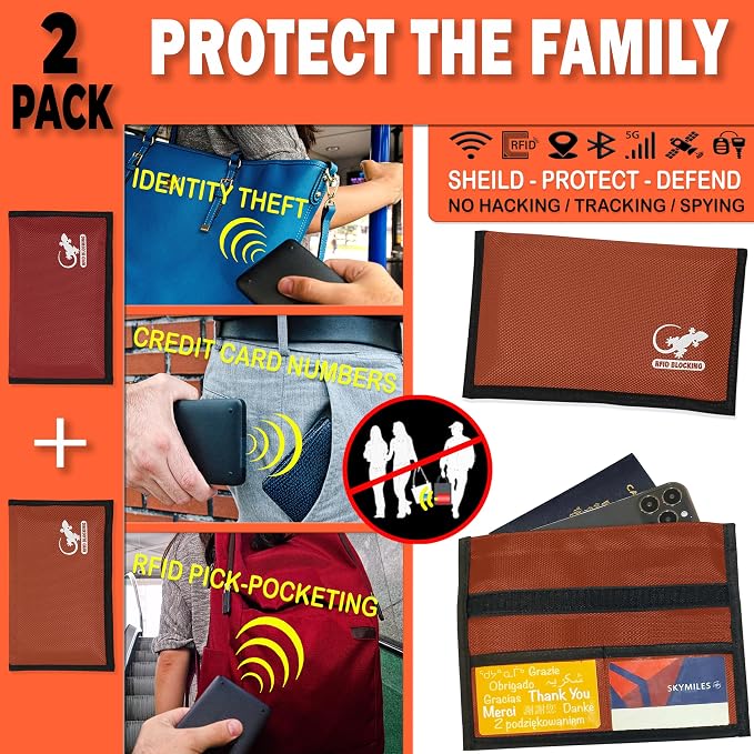 Faraday Bag Anti-Tracking GPS RFID Car Key Signal Blocker Wallet Shielding Pouch Protective Case for Cell Phone Car Key FOB, Data Privacy, Electronic Device Security (2 PACK - RED AND ORANGE)