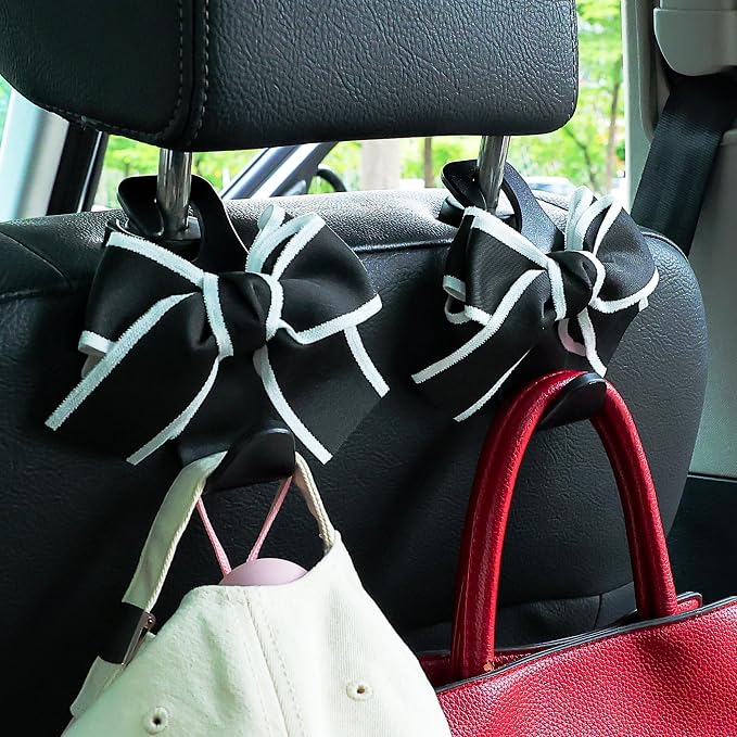 Car Seat Headrest Hook Cute Bowknot Vehicle Hanger Car Storage Organizer for Handbag Purse Coat Grocery Bag Black