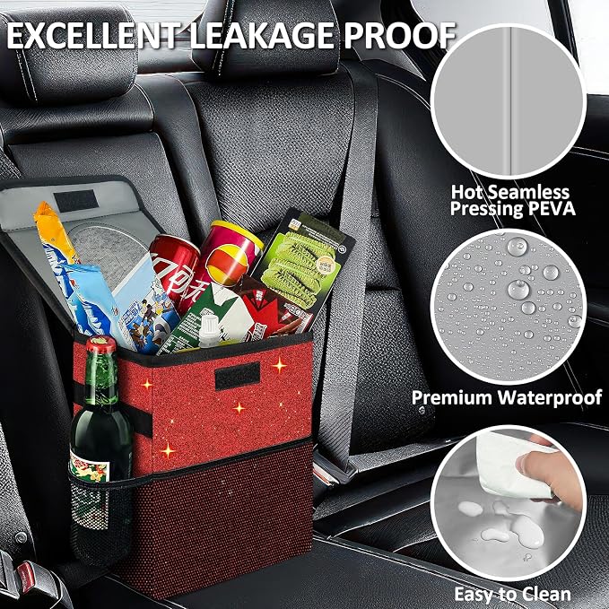 Car Trash Can, Cute Mini Trash Bag With Lid, Glitter Garbage Bin Hanging for Back/Front Seat/Console, Waterproof, Leakproof, 2.5 Gallon, Red Bling Sparkly