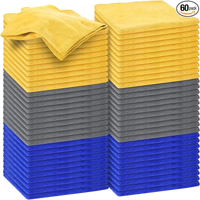 Microfiber Cleaning Cloths for Cars 16 x 16 Inch Ultra Absorbent Car Towels Drying Reusable Cleaning Supplies House Kitchen Window Microfiber Towel(Blue, Gray, Yellow,60 Pcs)