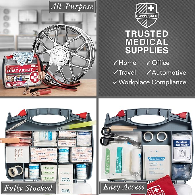 2-in-1 Car Emergency Kit | 12-FT Heavy-Duty Jumper Cables & 378-Piece Comprehensive Car First Aid Kit | Compact Roadside Auto Essentials for Vehicle Safety