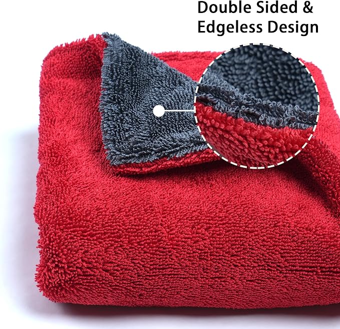 1000GSM Car Drying Towel 18"x24", Edgeless Double Twist Pile, Ultra Absorbent Microfiber Towel, Scratch-Free Lint-Free Streak-Free for Auto Detailing & Car Wash – Red&Grey