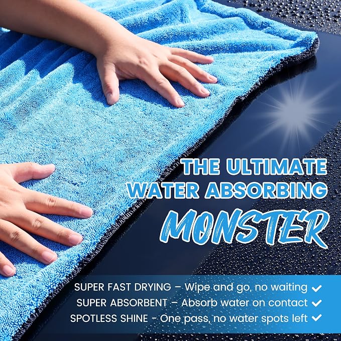 PUGPIU 1400GSM Large Microfiber Car Drying Towel Detailing 24"x36" | XL Super Absorbent Microfiber Towels - Edgeless with Twisted Loop - No Lint Streak for SUV Truck Car Detailing (Blue)