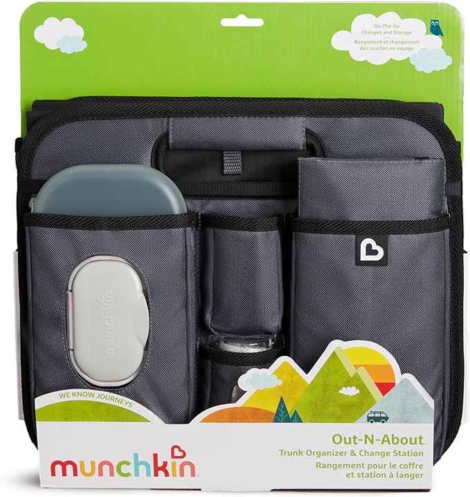 Out-n-About Trunk Organizer for SUVs and Cars with Portable Changing Pad and Wet Baby Wipes for Diaper Changes On-the-Go, Collapsible, Grey