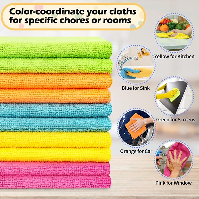 Microfiber Cleaning Cloth, 50 Pack Cleaning Rags, Cleaning Towels for Housekeeping, Kitchen, Car, Lint-Free, Reusable Shop Towels with 5 Colors (Green/Blue/Yellow/Orange/Pink), 12"X12"