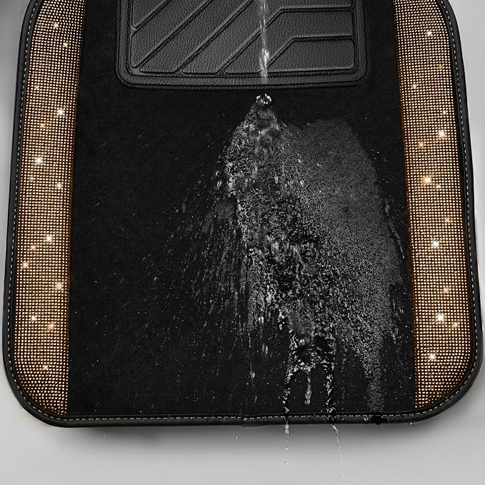 Bling Diamond Car Floor Mats, Shining Rhinestone Carpet Sparkly Glitter Crystal with Anti-Slip PVC Heel Pad Waterproof Universal Fit Automotive SUV,Sedan,Van,Cute Girl Women,4pcs Golden