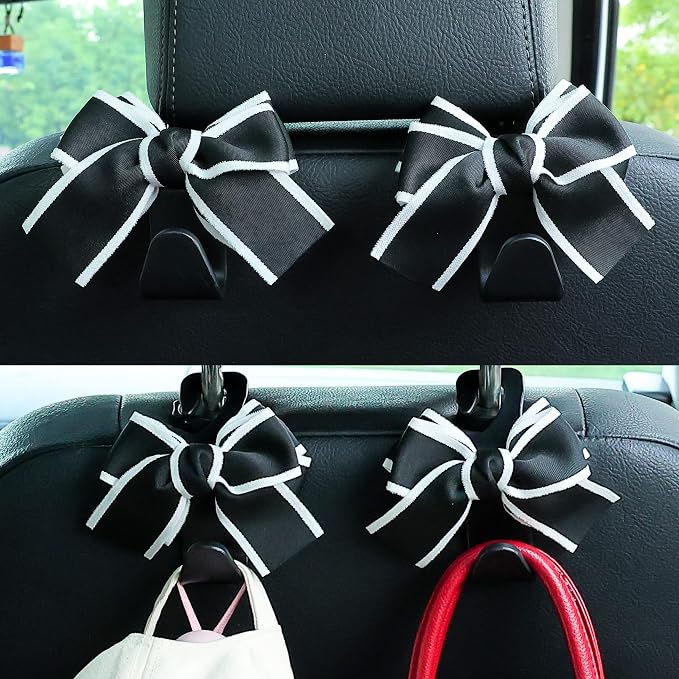 Car Seat Headrest Hook Cute Bowknot Vehicle Hanger Car Storage Organizer for Handbag Purse Coat Grocery Bag Black