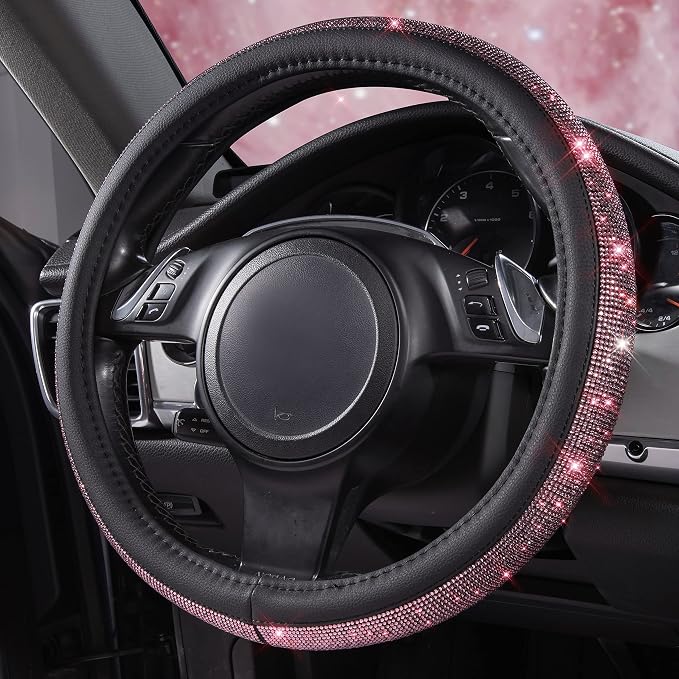 Bling Diamond Leather Steering Wheel Cover, Bling Sparkly Crystal Glitter Rhinestones Universal Fit 14" 1/2-15" Car Wheel Protect for Women Girl Fit Suvs,Vans,Sedans,Cars,Trucks, Pink Black