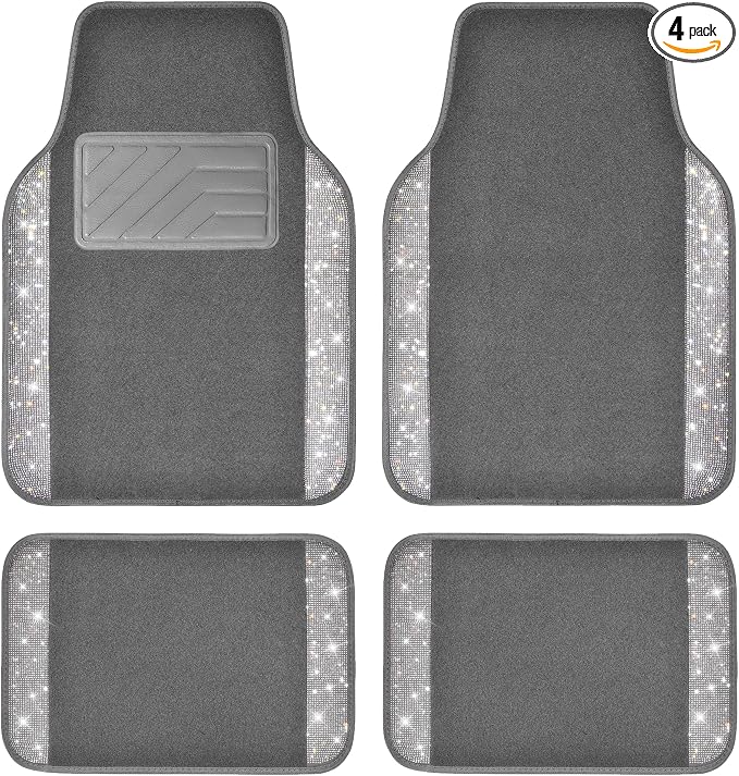 Bling Diamond Car Mats Shining Carpet Crystal Rhinestones Sparkly Glitter Floor Mats with Anti-Slip PVC Heel Pad Universal Fit for Automotive SUV, Sedan, Car, Van, 4pcs for Girl Women, Gray
