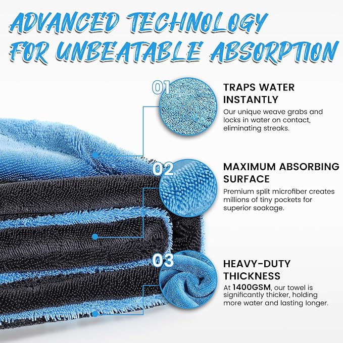 PUGPIU 1400GSM Large Microfiber Car Drying Towel Detailing 24"x36" | XL Super Absorbent Microfiber Towels - Edgeless with Twisted Loop - No Lint Streak for SUV Truck Car Detailing (Blue)