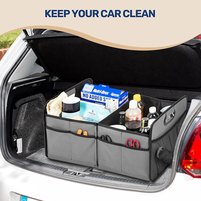 Trunk Organizer for Car/SUV/Truck, Collapsible 2 Compartment Automotive Storage Box, 600D Waterproof Oxford Polyester 50L Travel Accessories, Anti-slip & Leak-proof, Grey