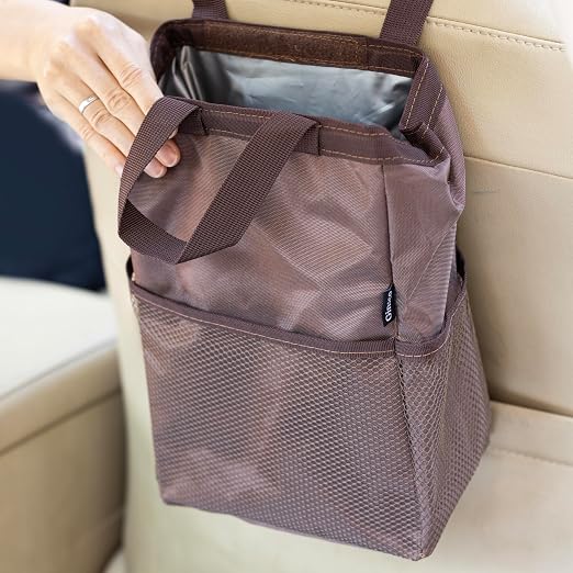 New Leak-Proof Travel Trash Bag, Hanging Car Trash Can with Hook and Loop Lid and Handle, Multipurpose Trash Bin with Storage Pockets for Car SUV Truck RV Camping 2 Gallons (Brown)