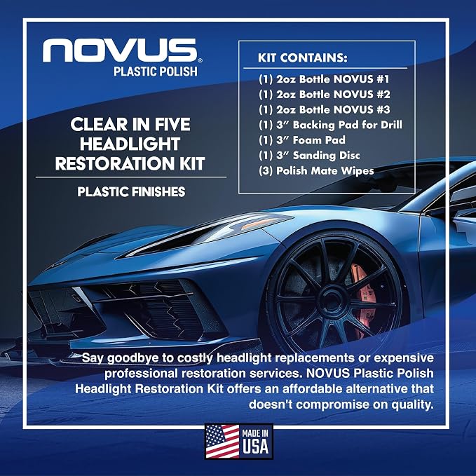 Clear in Five Headlight Restoration Kit | 2 Ounce #1, 2, & 3 Bottles, Buffing Pad, Backing Pad Drill Attachment, 1,000 Grit Sanding Disk, 3 Polish Mates