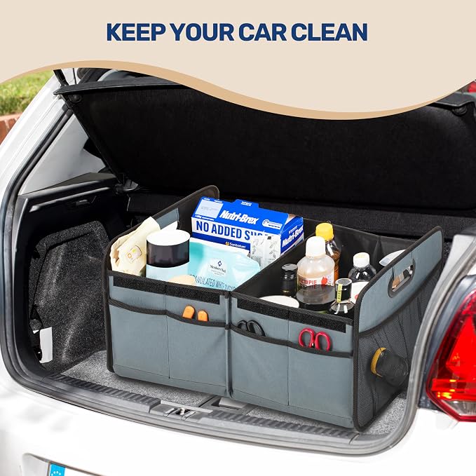 Car Trunk Organizer with Lid, Collapsible 2 Compartment Automotive Storage Box, 600D Waterproof Oxford Polyester 50L Travel Accessories, Anti-slip & Leak-proof, Grey-Green
