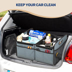 Car Trunk Organizer with Lid, Collapsible 2 Compartment Automotive Storage Box, 600D Waterproof Oxford Polyester 50L Travel Accessories, Anti-slip & Leak-proof, Grey-Green