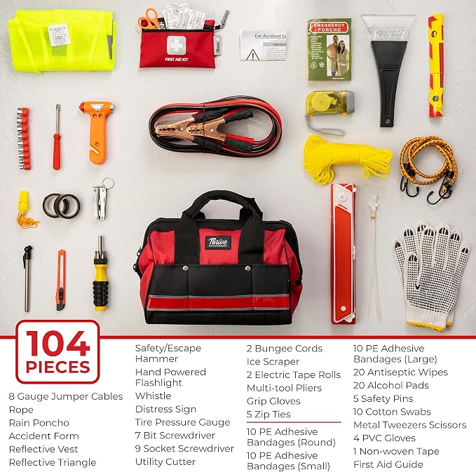 Car Emergency Kit & Roadside Emergency Car Kit - 104-Piece Set, Red Canvas Bag, Universal Fit - Jumper Cables, Escape Hammer & Tire Gauge - Road Trip Essentials & Emergency Supplies