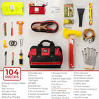 Car Emergency Kit & Roadside Emergency Car Kit - 104-Piece Set, Red Canvas Bag, Universal Fit - Jumper Cables, Escape Hammer & Tire Gauge - Road Trip Essentials & Emergency Supplies